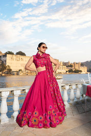 Pink Tussar Silk Lehenga Choli with Floral Print With Foil Work