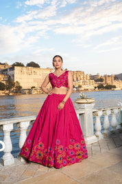Pink Tussar Silk Lehenga Choli with Floral Print With Foil Work