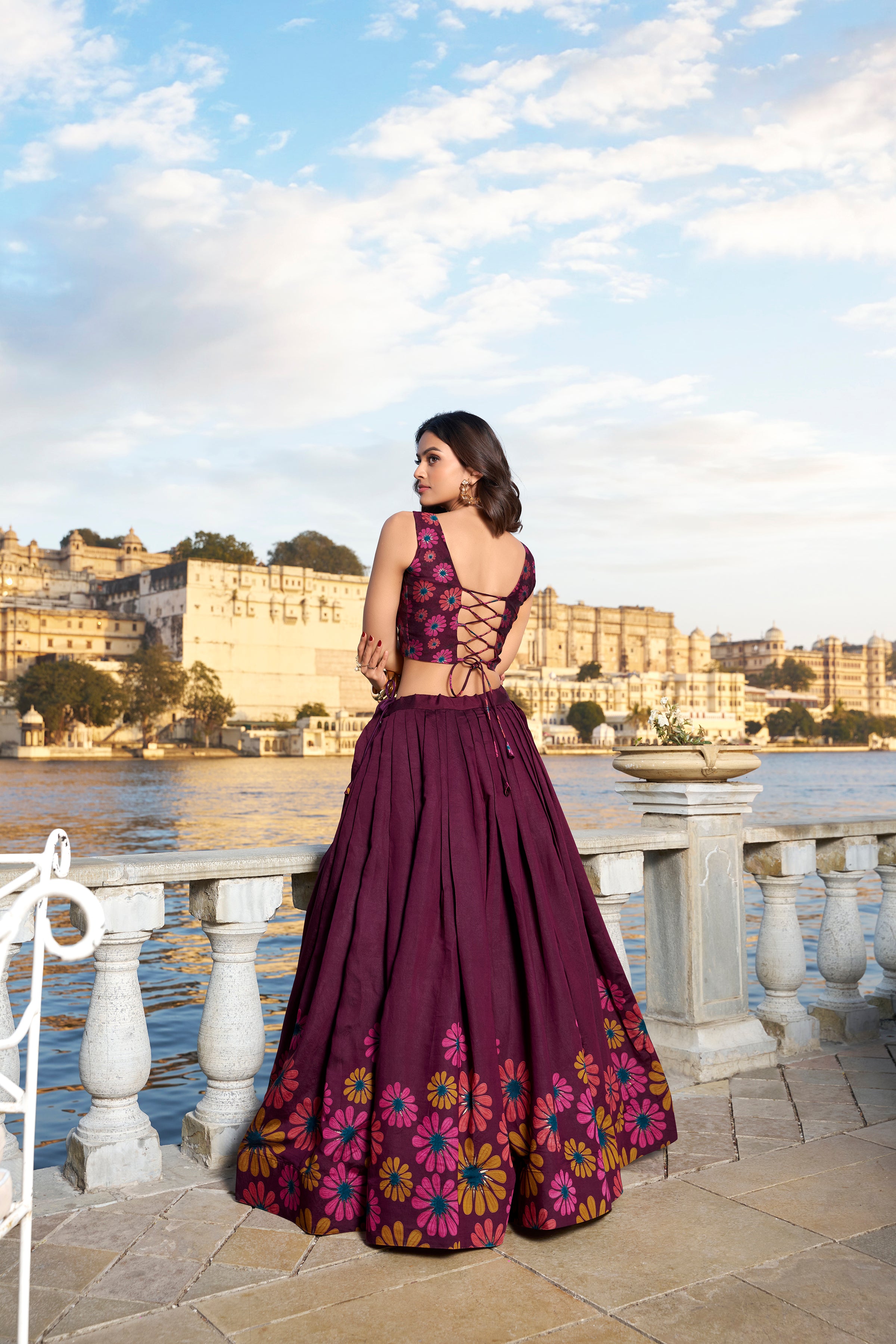 Wine Tussar Silk Lehenga Choli with Floral Print With Foil Work