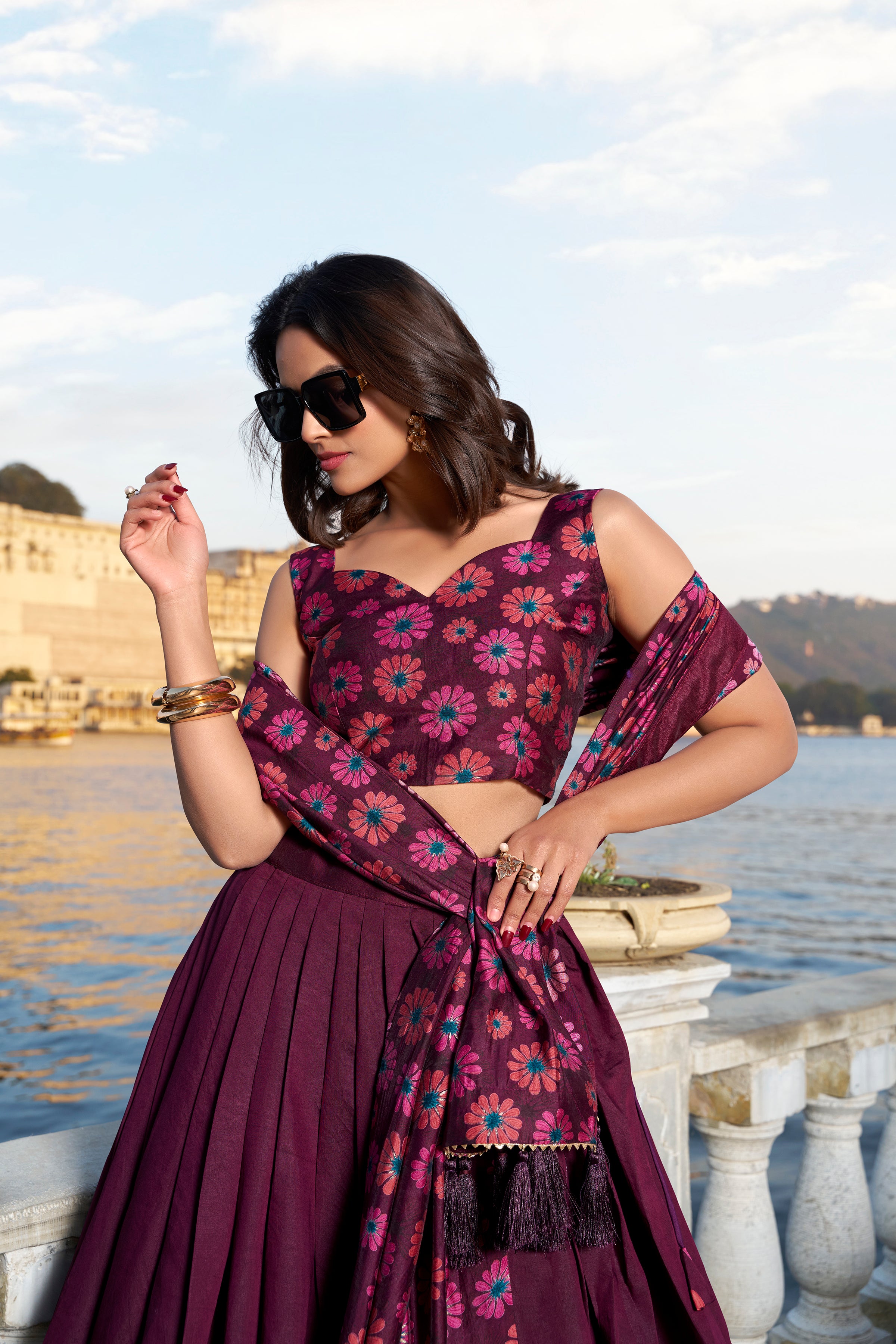 Wine Tussar Silk Lehenga Choli with Floral Print With Foil Work