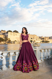 Wine Tussar Silk Lehenga Choli with Floral Print With Foil Work