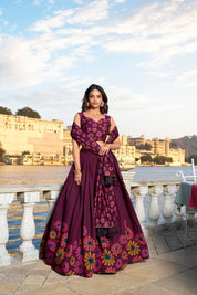 Wine Tussar Silk Lehenga Choli with Floral Print With Foil Work