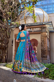 Firozi Tussar Silk Lehenga Choli with Kalamkari With Foil Work