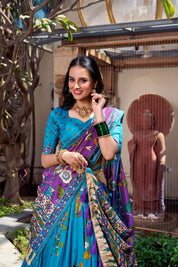 Firozi Tussar Silk Lehenga Choli with Kalamkari With Foil Work