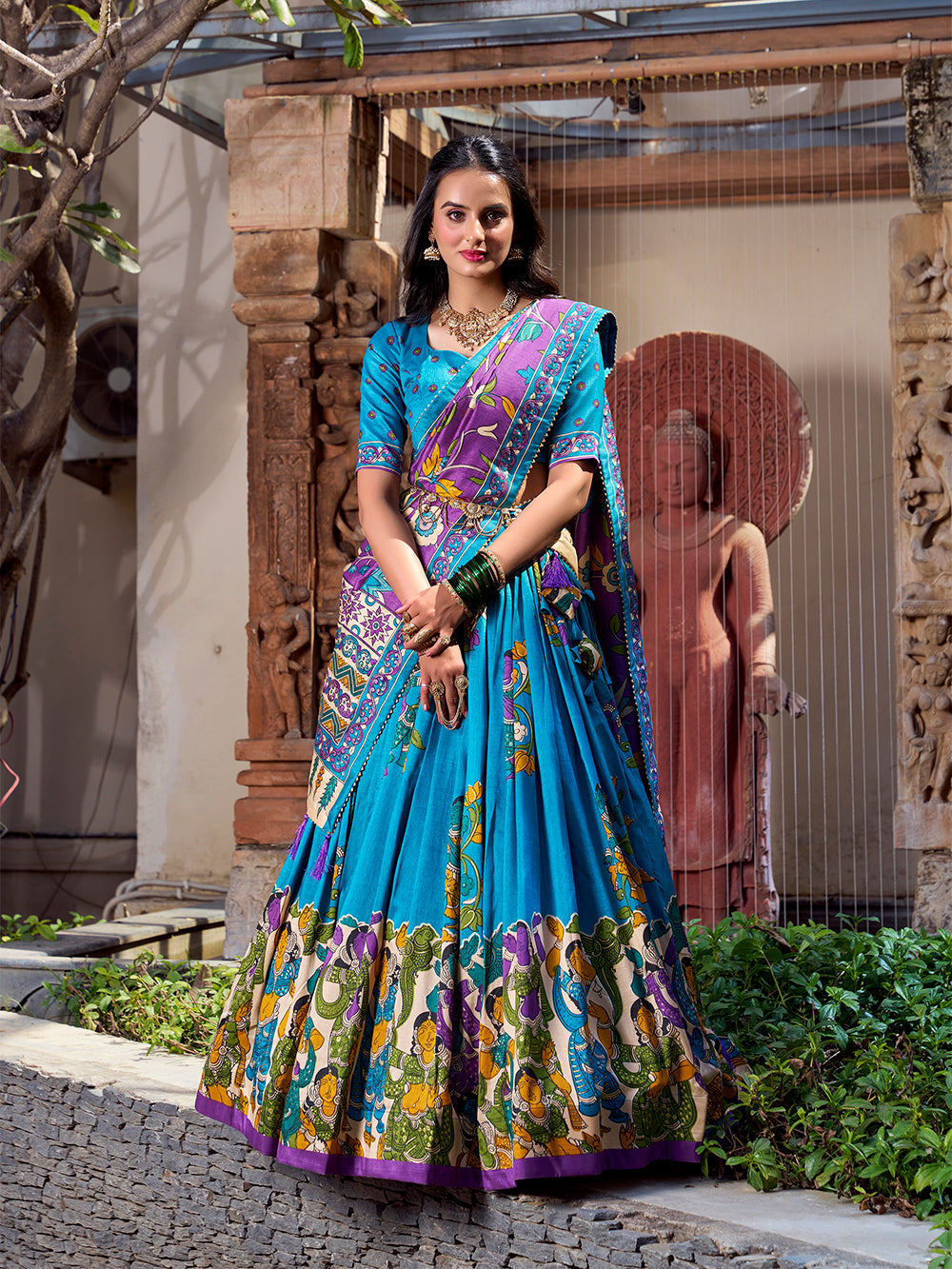 Firozi Tussar Silk Lehenga Choli with Kalamkari With Foil Work