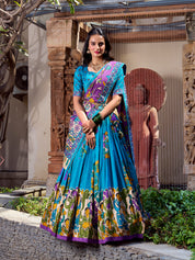 Firozi Tussar Silk Lehenga Choli with Kalamkari With Foil Work