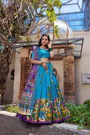 Firozi Tussar Silk Lehenga Choli with Kalamkari With Foil Work