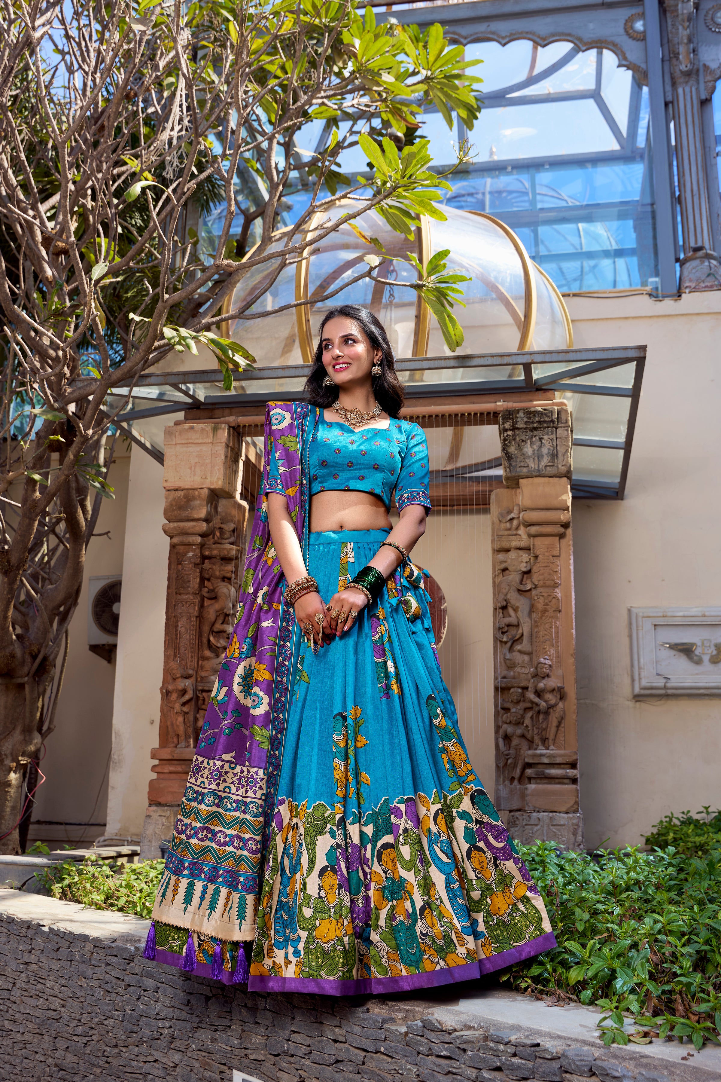 Firozi Tussar Silk Lehenga Choli with Kalamkari With Foil Work