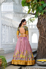 Pink Tussar Silk Lehenga Choli with Printed (Kalamkari) With Zari Weaving Border