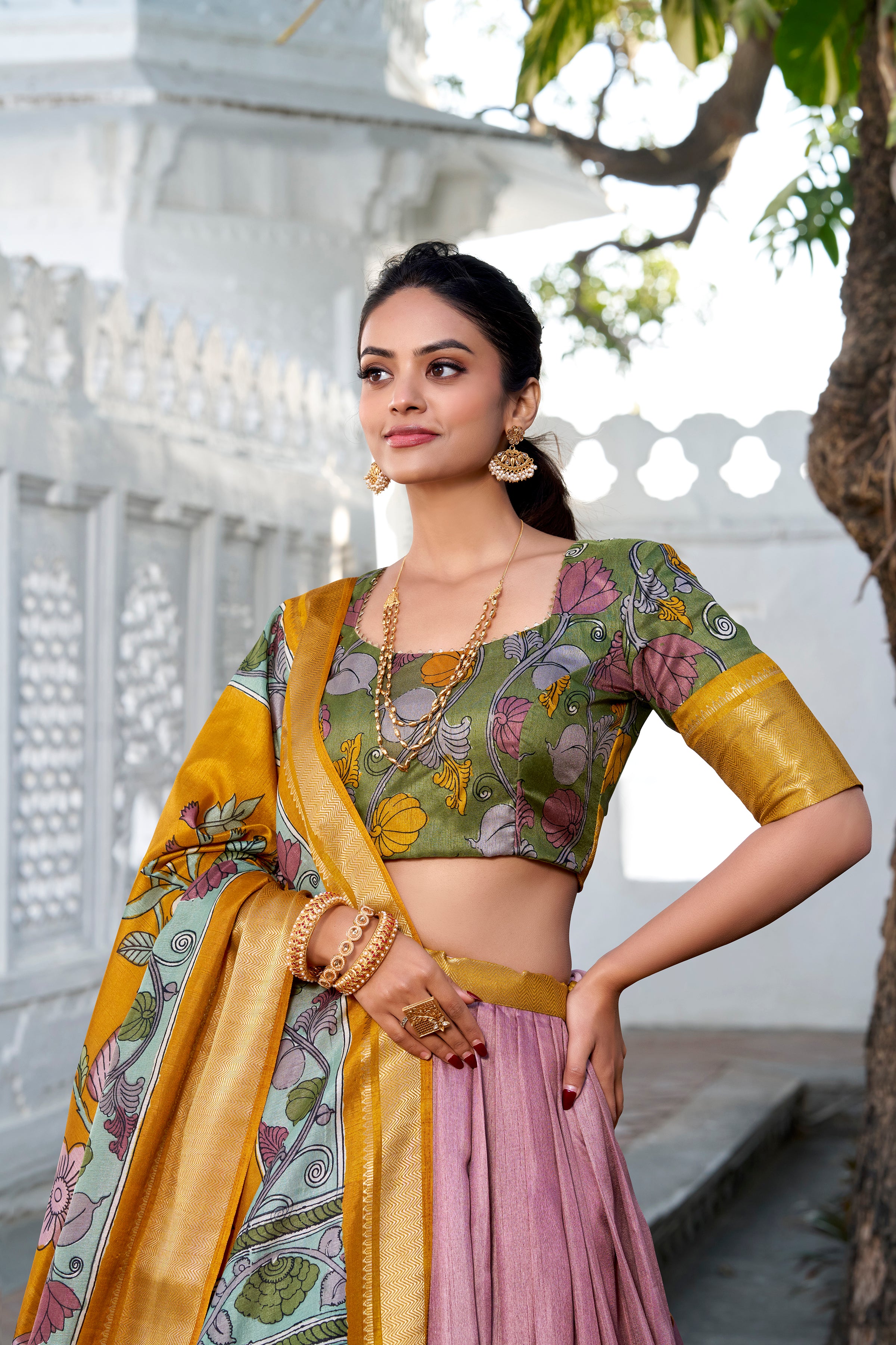 Pink Tussar Silk Lehenga Choli with Printed (Kalamkari) With Zari Weaving Border