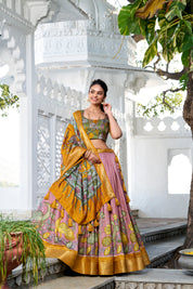 Pink Tussar Silk Lehenga Choli with Printed (Kalamkari) With Zari Weaving Border