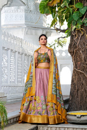 Pink Tussar Silk Lehenga Choli with Printed (Kalamkari) With Zari Weaving Border