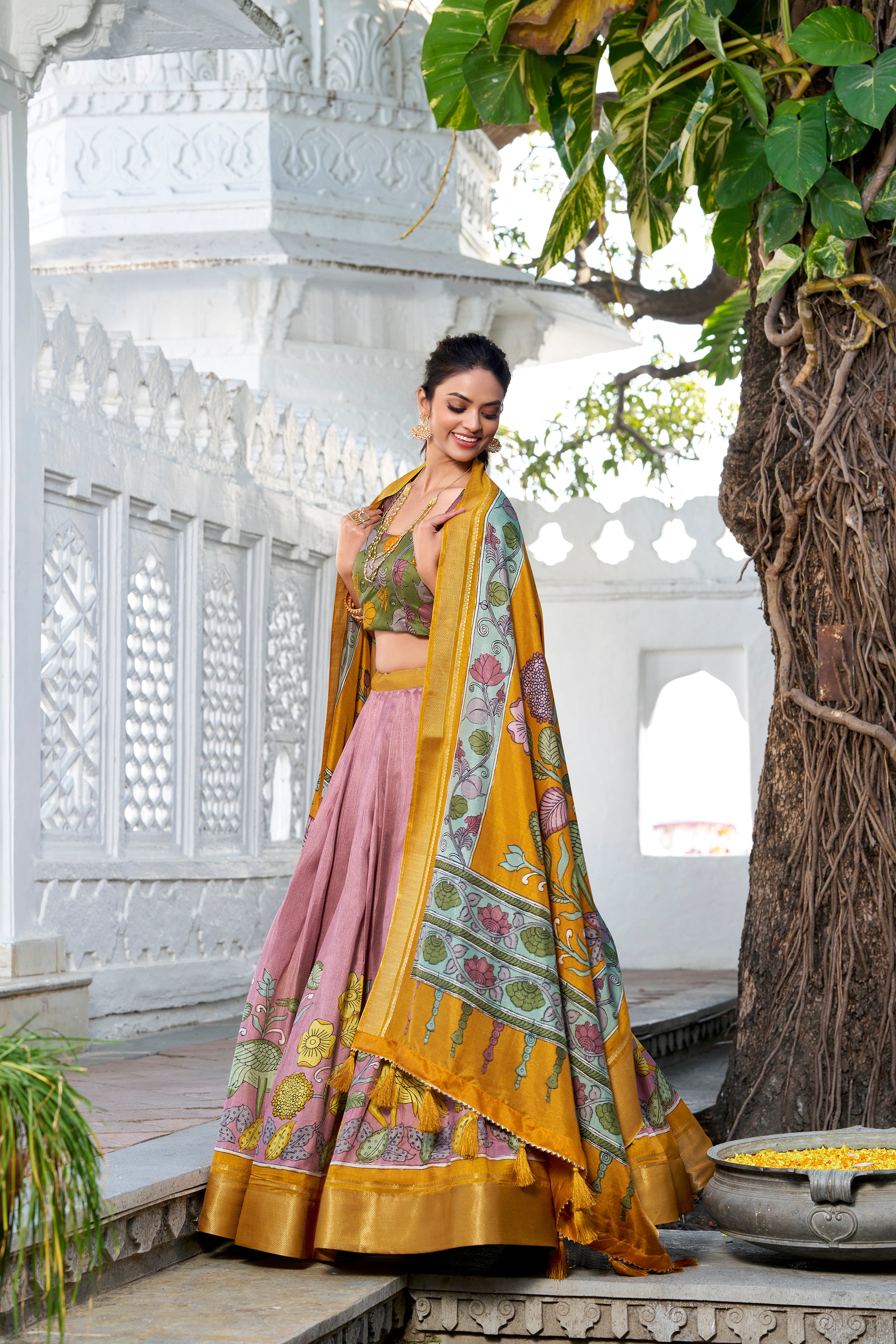 Pink Tussar Silk Lehenga Choli with Printed (Kalamkari) With Zari Weaving Border