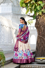 Off White Tussar Silk Lehenga Choli with Printed (Kalamkari) With Zari Weaving Border