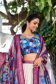 Off White Tussar Silk Lehenga Choli with Printed (Kalamkari) With Zari Weaving Border