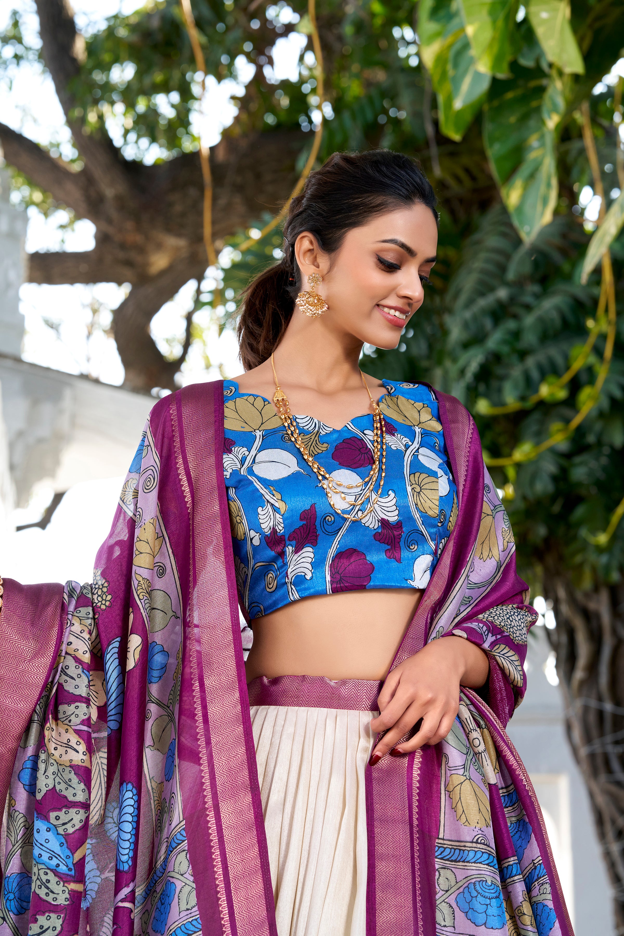 Off White Tussar Silk Lehenga Choli with Printed (Kalamkari) With Zari Weaving Border