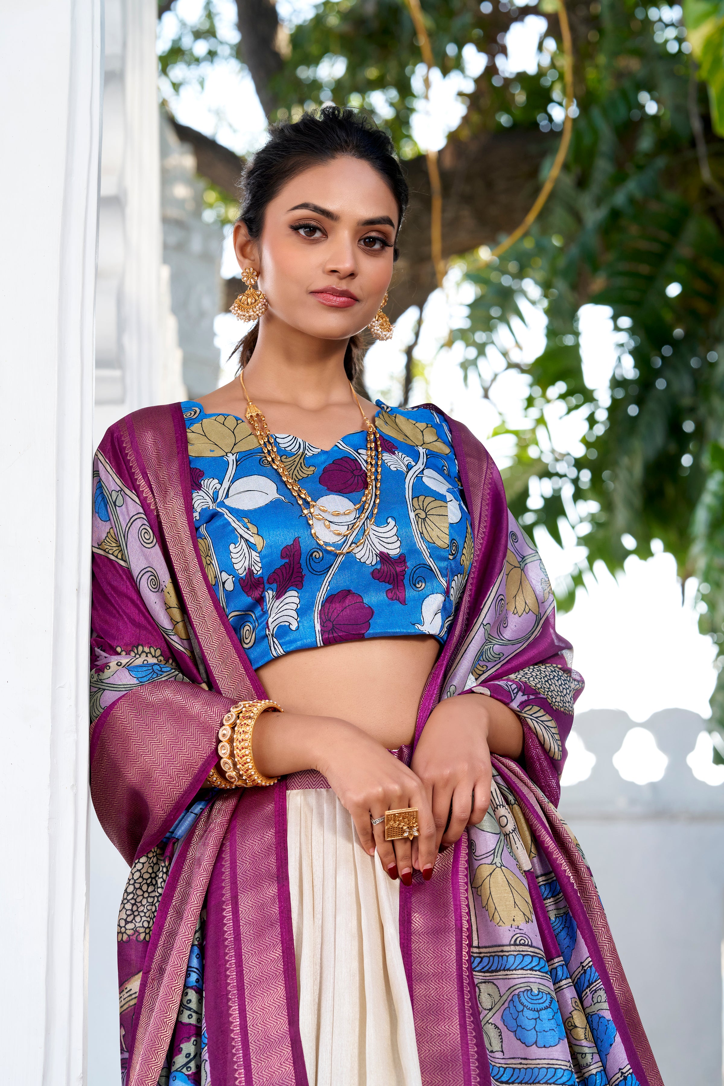 Off White Tussar Silk Lehenga Choli with Printed (Kalamkari) With Zari Weaving Border