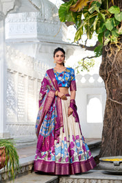 Off White Tussar Silk Lehenga Choli with Printed (Kalamkari) With Zari Weaving Border