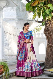 Off White Tussar Silk Lehenga Choli with Printed (Kalamkari) With Zari Weaving Border