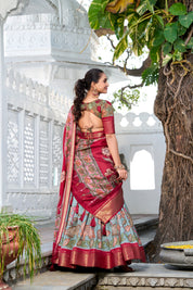 Seagreen Tussar Silk Lehenga Choli with Printed (Kalamkari) With Zari Weaving Border