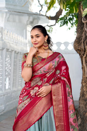 Seagreen Tussar Silk Lehenga Choli with Printed (Kalamkari) With Zari Weaving Border