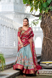 Seagreen Tussar Silk Lehenga Choli with Printed (Kalamkari) With Zari Weaving Border