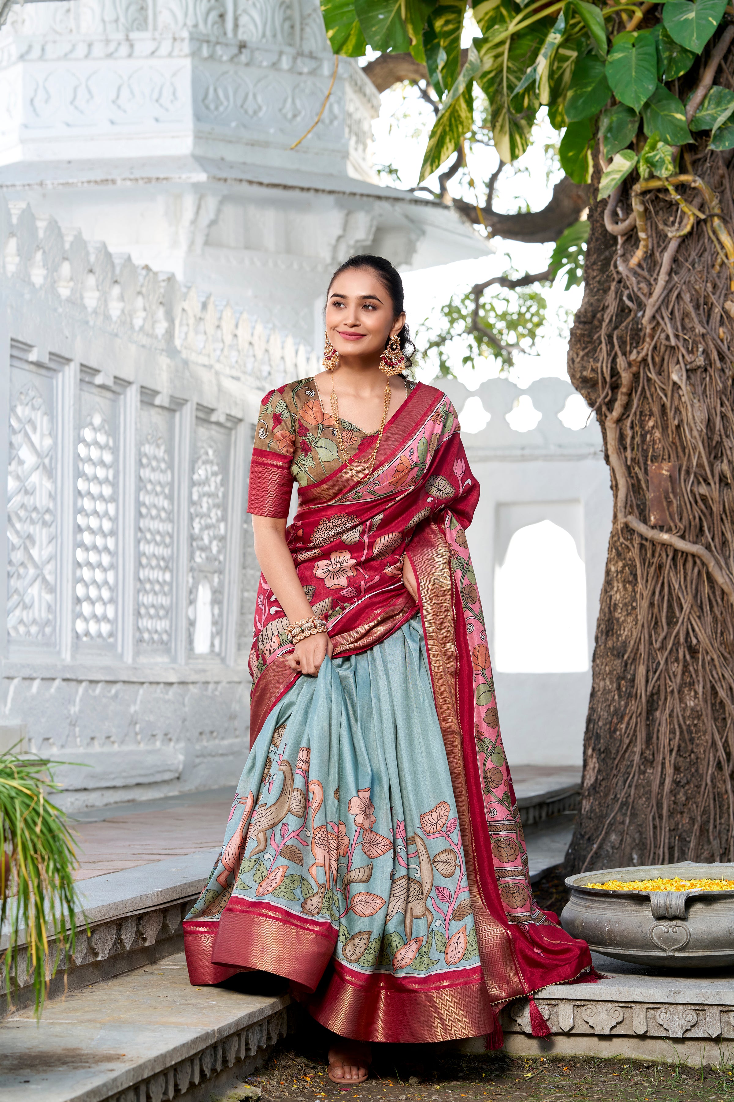 Seagreen Tussar Silk Lehenga Choli with Printed (Kalamkari) With Zari Weaving Border