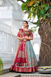 Seagreen Tussar Silk Lehenga Choli with Printed (Kalamkari) With Zari Weaving Border