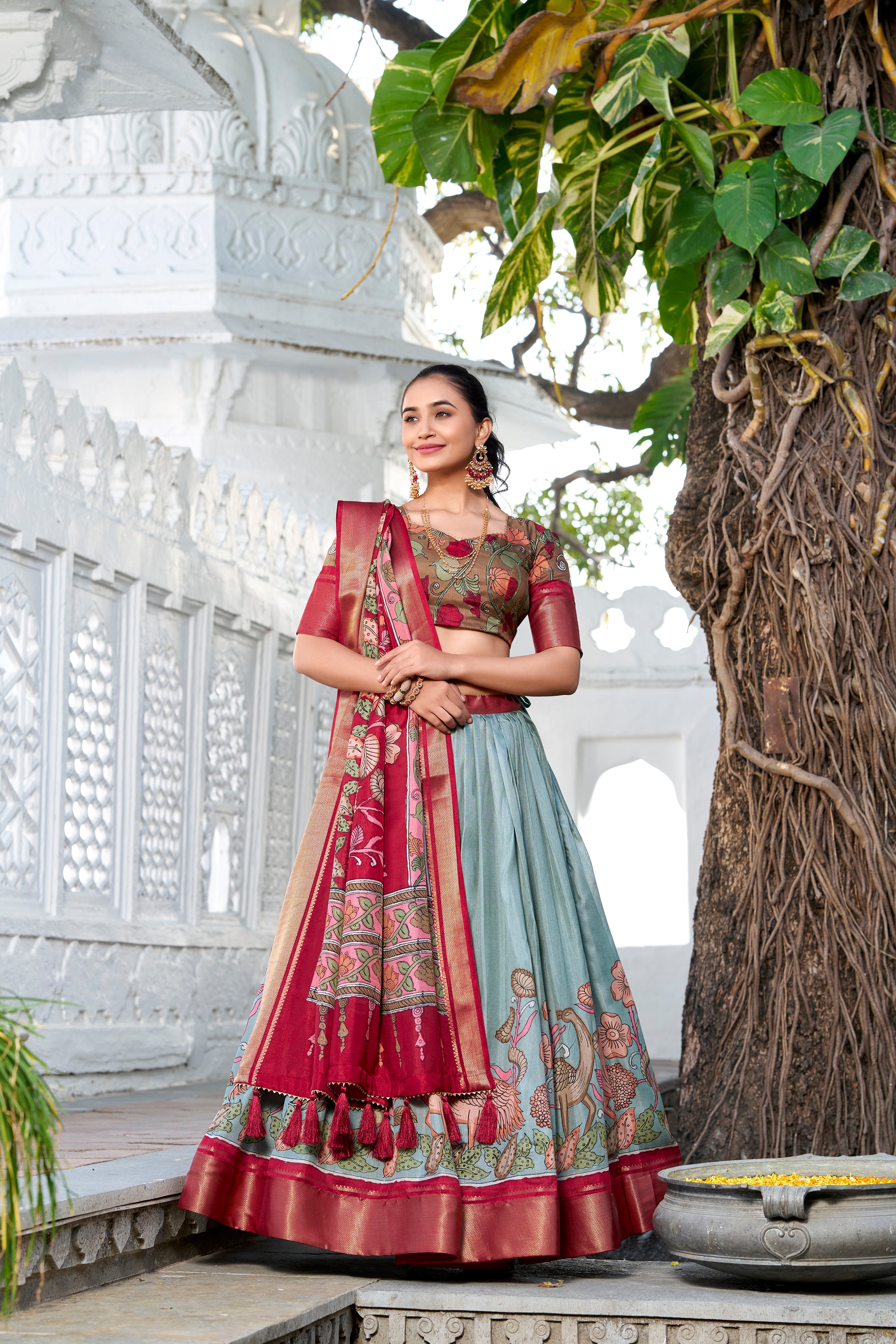 Seagreen Tussar Silk Lehenga Choli with Printed (Kalamkari) With Zari Weaving Border