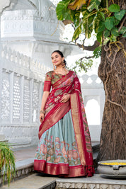 Seagreen Tussar Silk Lehenga Choli with Printed (Kalamkari) With Zari Weaving Border