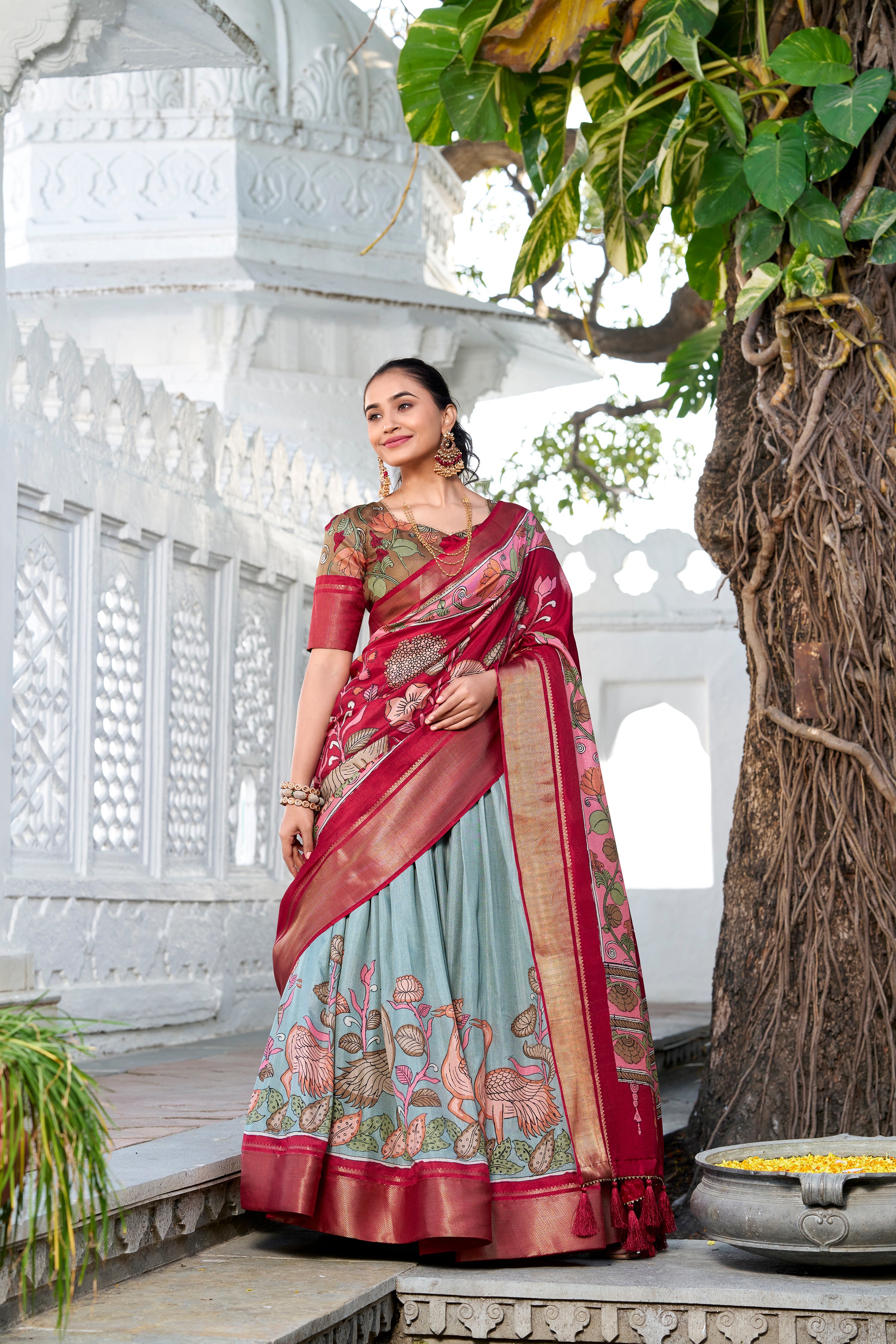 Seagreen Tussar Silk Lehenga Choli with Printed (Kalamkari) With Zari Weaving Border