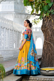 Yellow Tussar Silk Lehenga Choli with Printed (Kalamkari) With Zari Weaving Border
