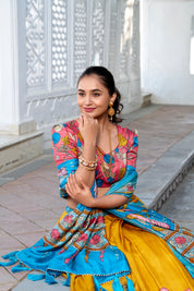 Yellow Tussar Silk Lehenga Choli with Printed (Kalamkari) With Zari Weaving Border