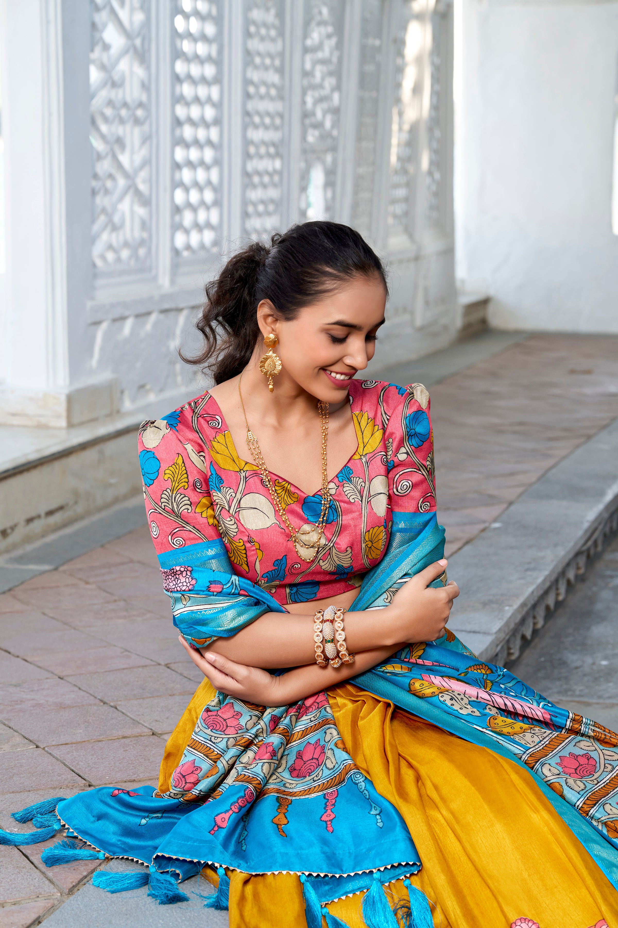 Yellow Tussar Silk Lehenga Choli with Printed (Kalamkari) With Zari Weaving Border