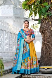 Yellow Tussar Silk Lehenga Choli with Printed (Kalamkari) With Zari Weaving Border