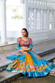 Yellow Tussar Silk Lehenga Choli with Printed (Kalamkari) With Zari Weaving Border