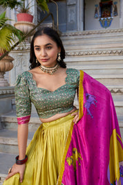 Muster Tussar Silk Lehenga Choli with Kalamkari With Foil Work