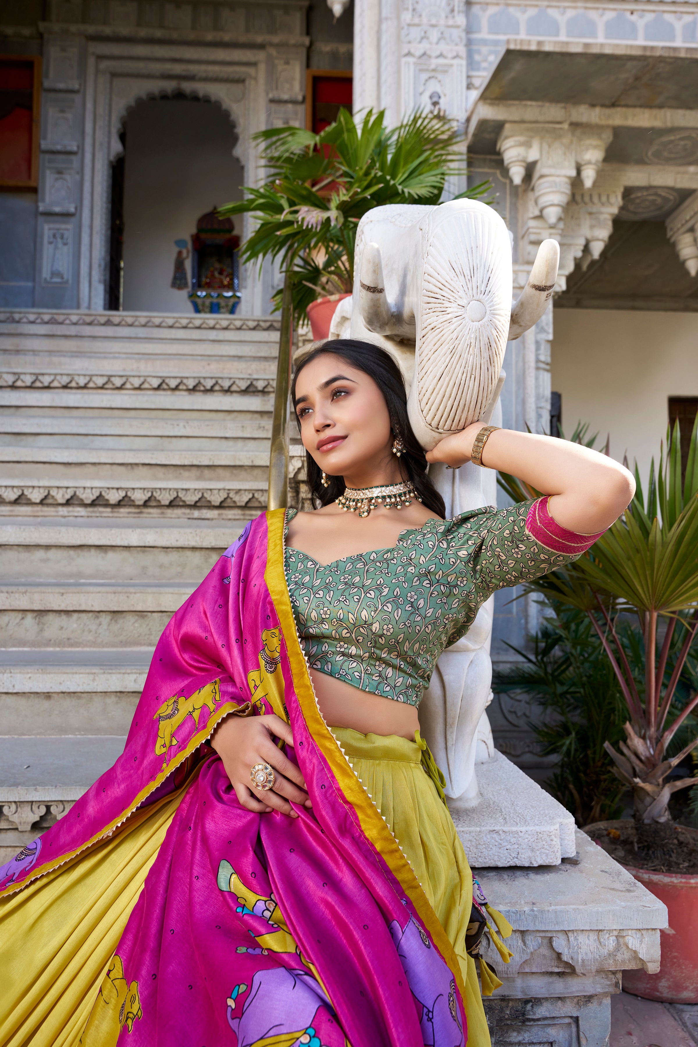 Muster Tussar Silk Lehenga Choli with Kalamkari With Foil Work