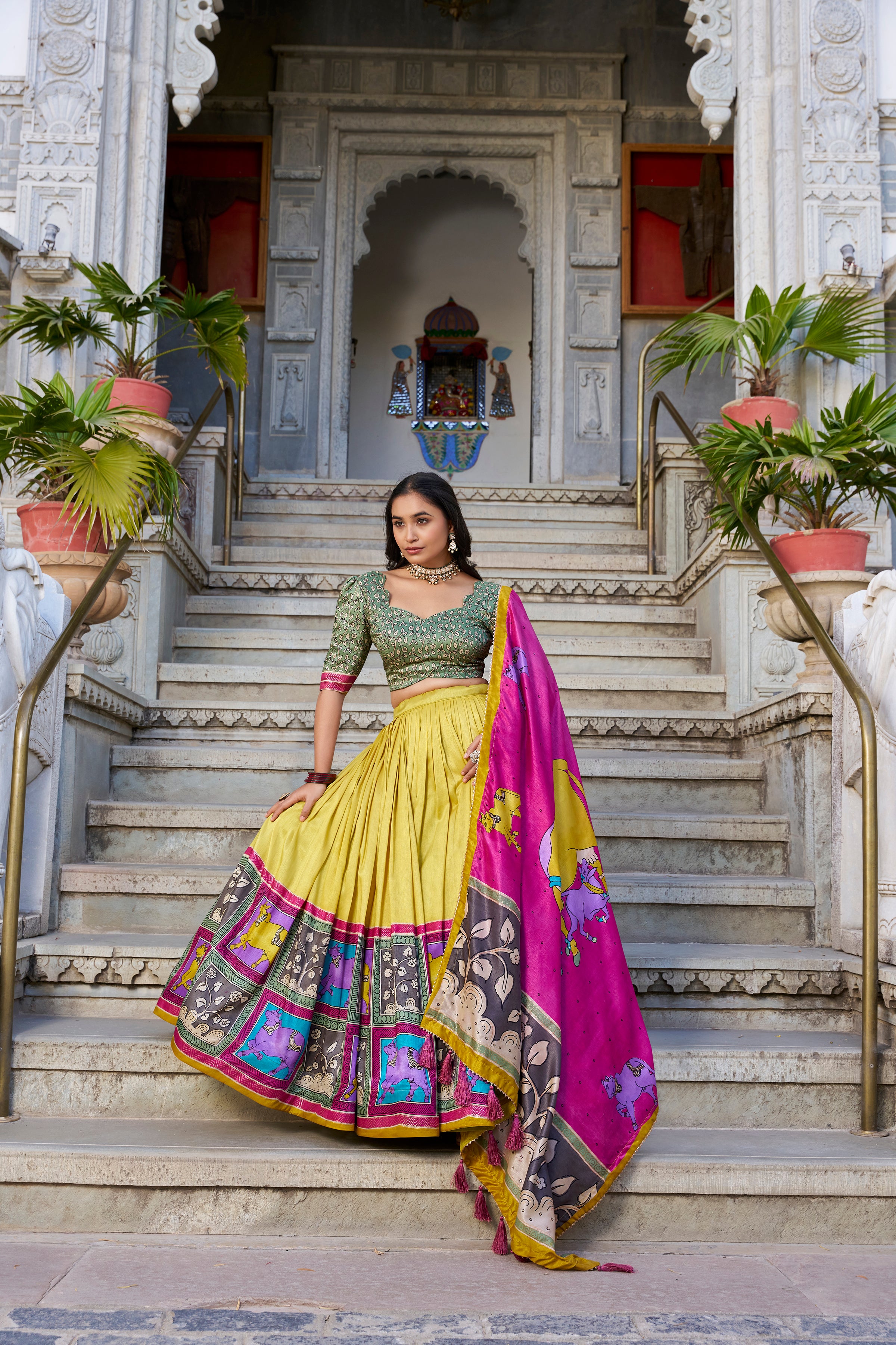 Muster Tussar Silk Lehenga Choli with Kalamkari With Foil Work