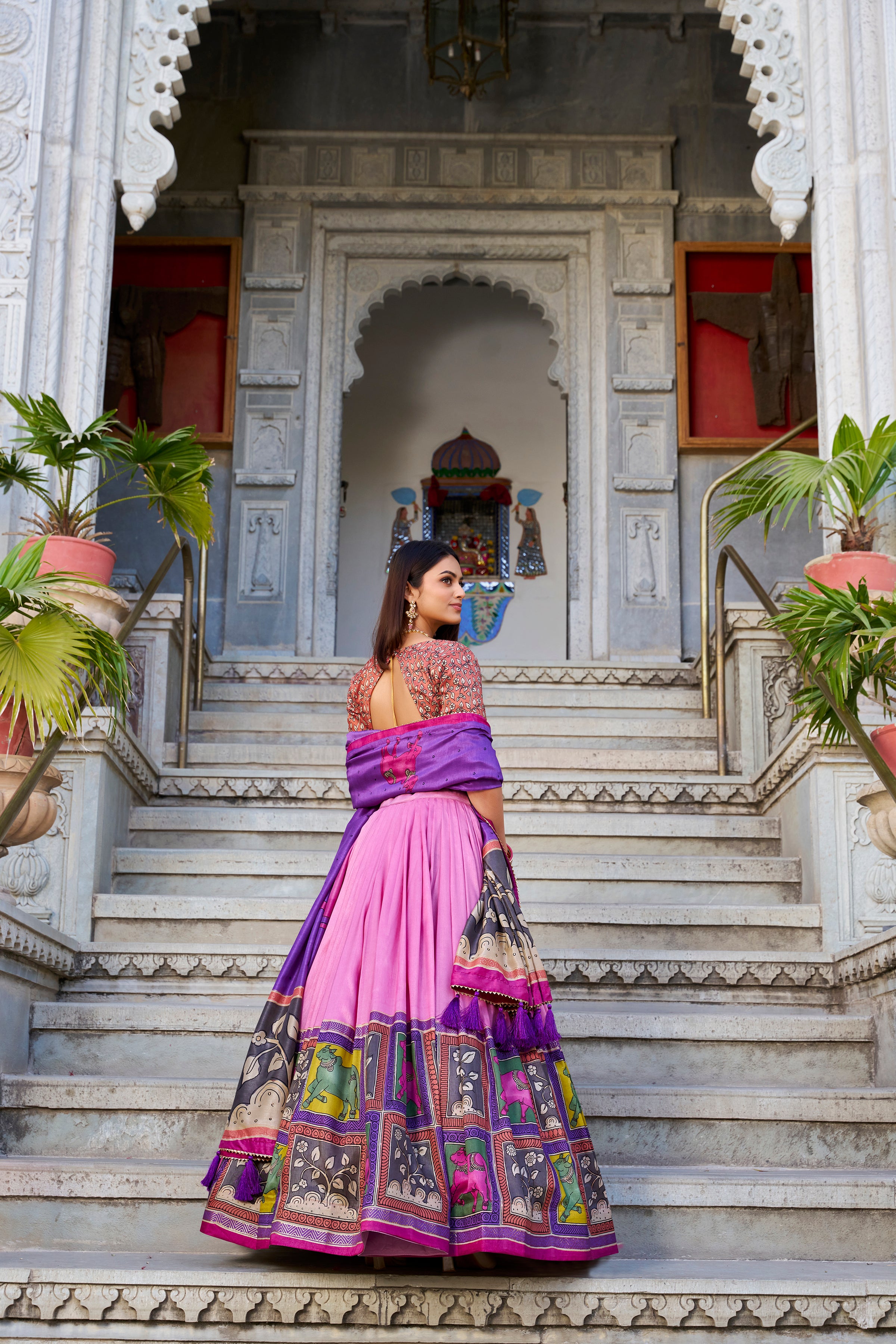 Peach Tussar Silk Lehenga Choli with Kalamkari With Foil Work