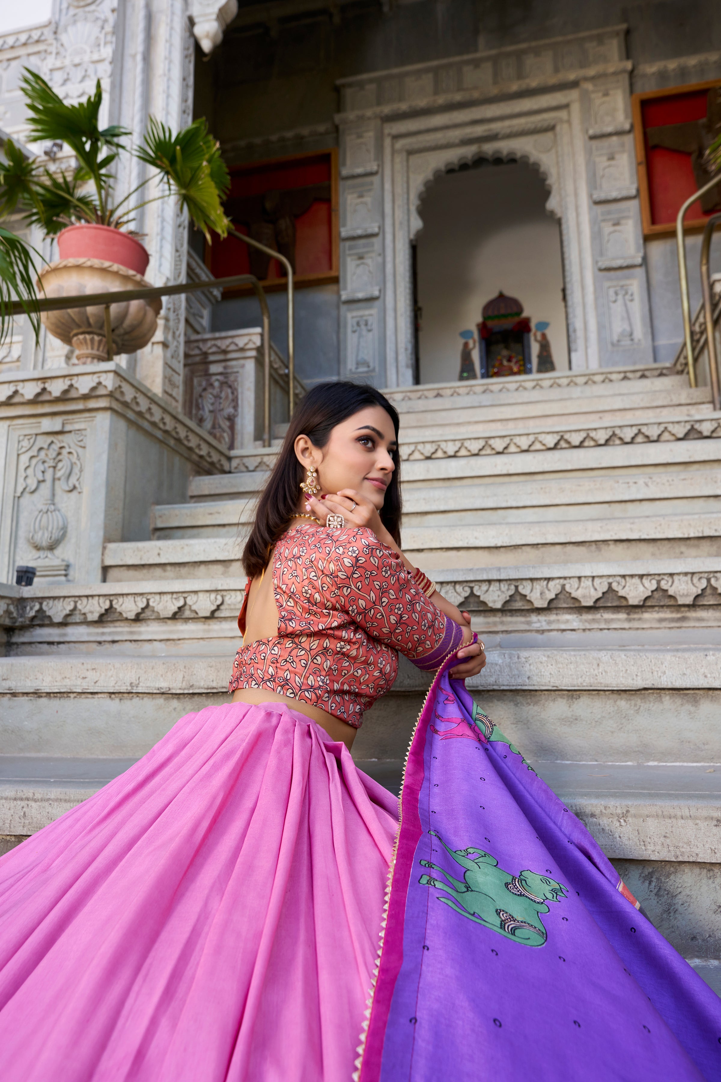 Peach Tussar Silk Lehenga Choli with Kalamkari With Foil Work