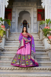Peach Tussar Silk Lehenga Choli with Kalamkari With Foil Work