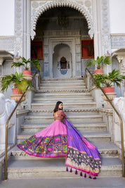 Peach Tussar Silk Lehenga Choli with Kalamkari With Foil Work