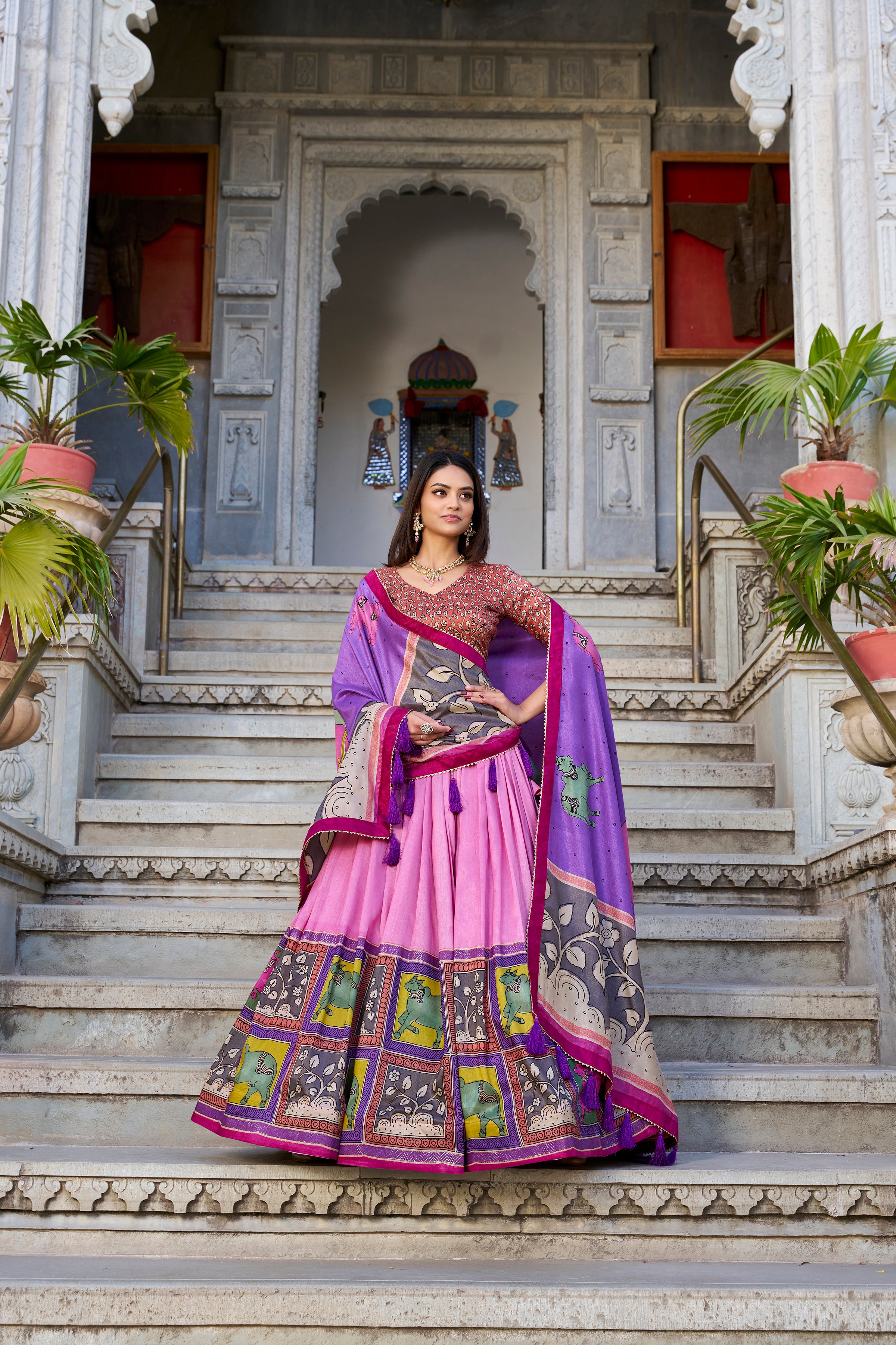 Peach Tussar Silk Lehenga Choli with Kalamkari With Foil Work