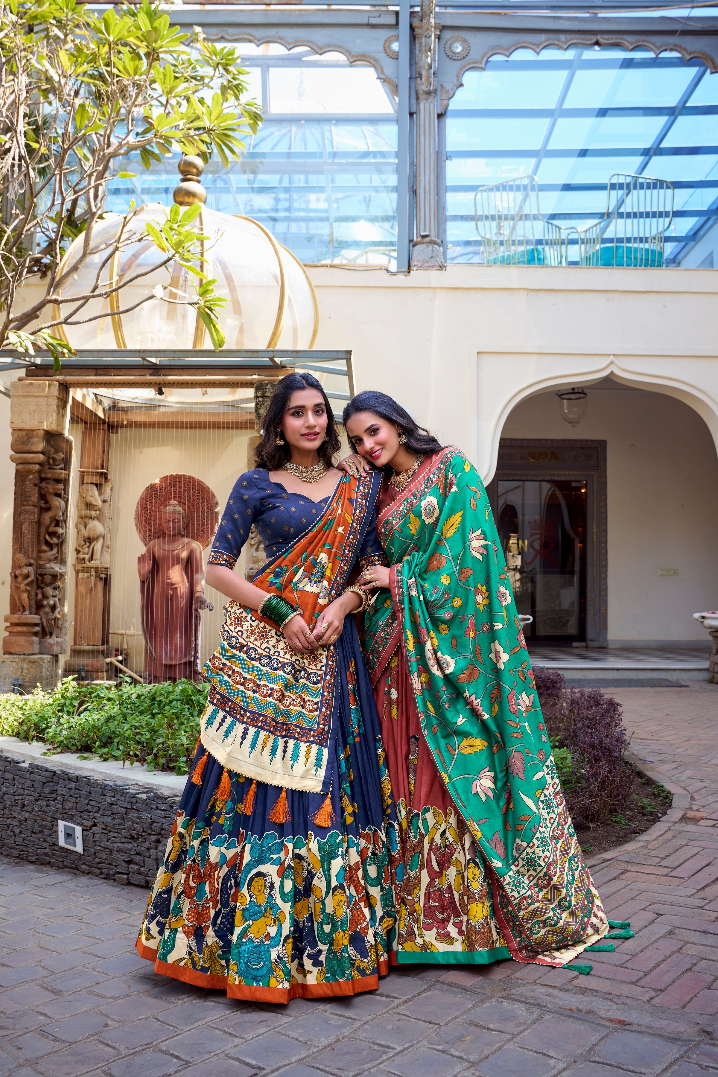 Navy Blue Tussar Silk Lehenga Choli with Kalamkari With Foil Work