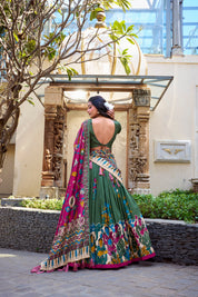 Seagreen Tussar Silk Lehenga Choli with Kalamkari With Foil Work