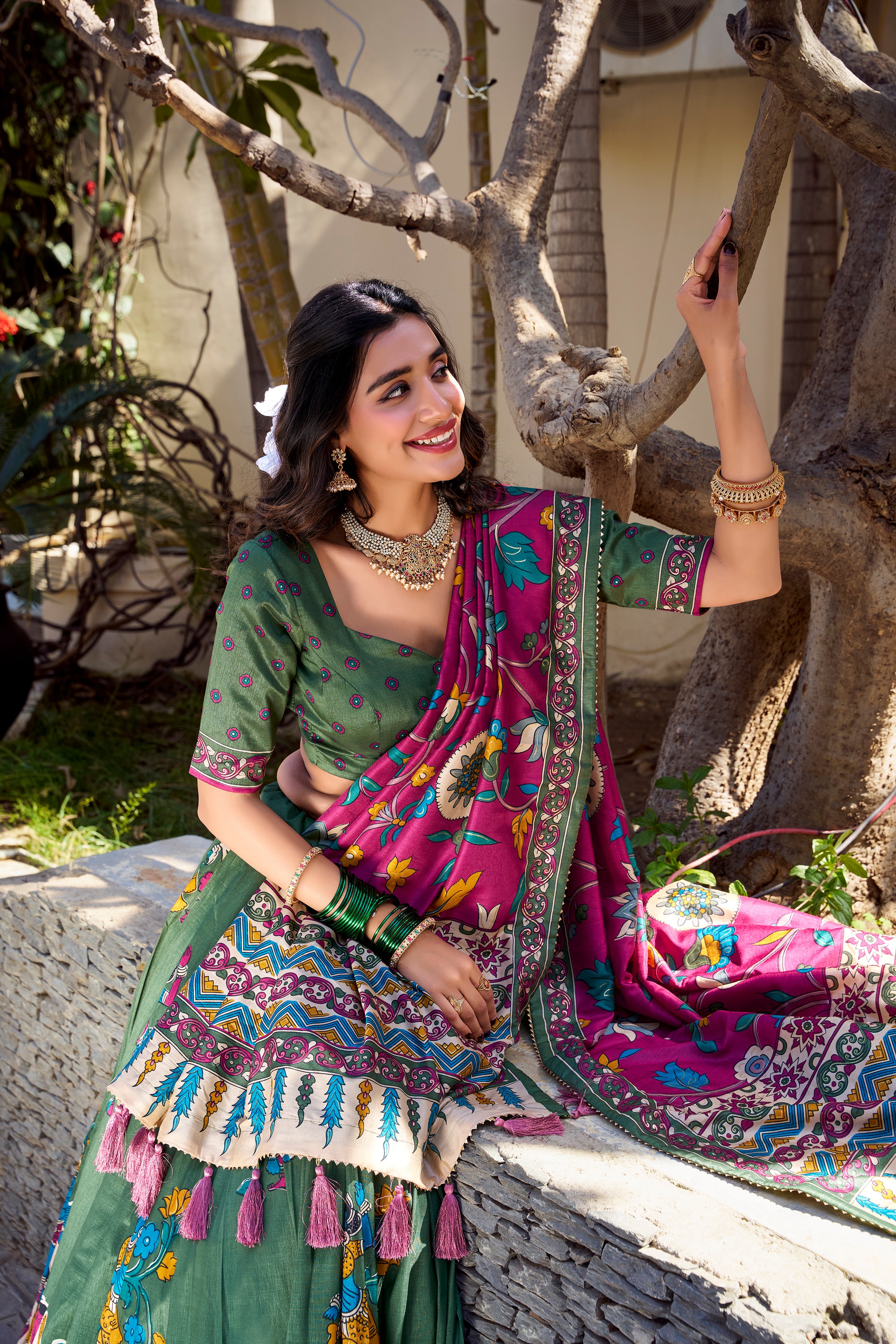 Seagreen Tussar Silk Lehenga Choli with Kalamkari With Foil Work