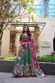 Seagreen Tussar Silk Lehenga Choli with Kalamkari With Foil Work