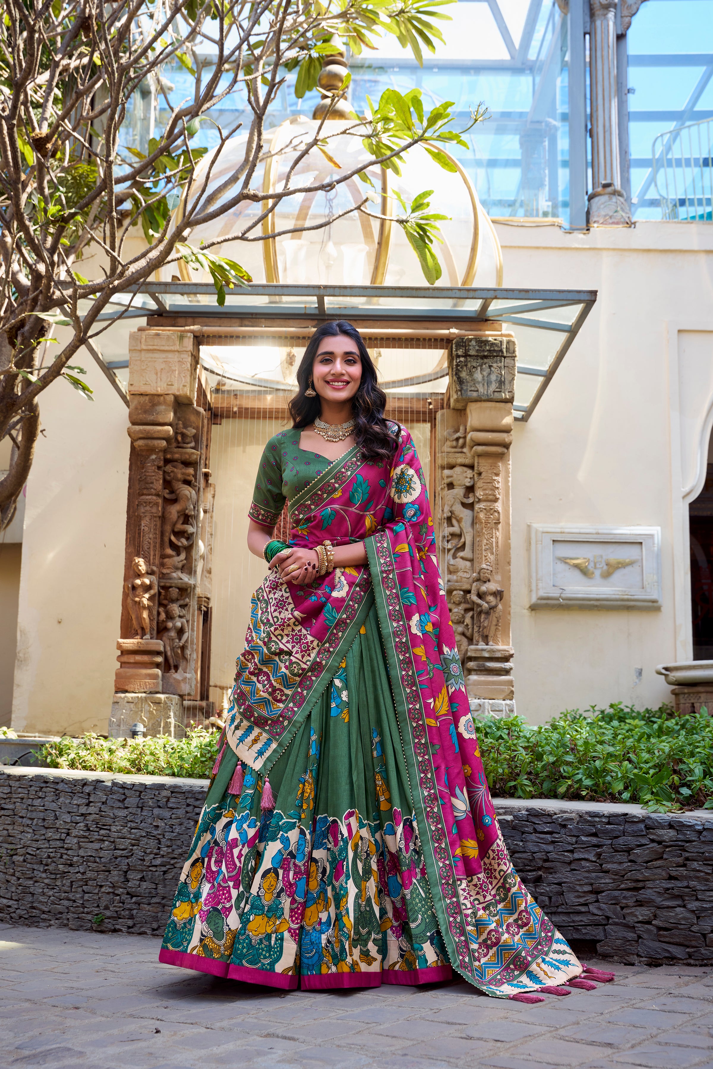 Seagreen Tussar Silk Lehenga Choli with Kalamkari With Foil Work