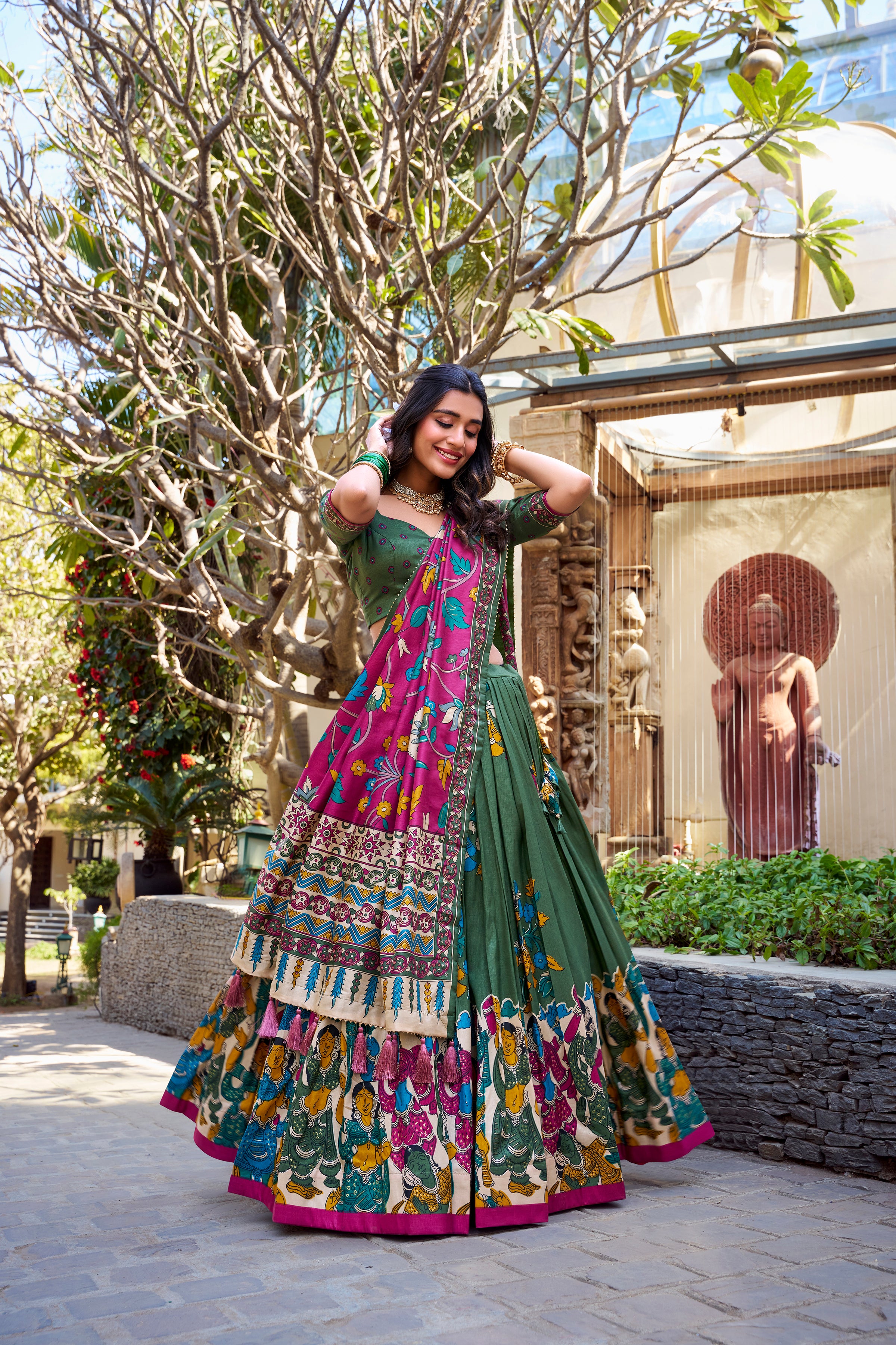 Seagreen Tussar Silk Lehenga Choli with Kalamkari With Foil Work